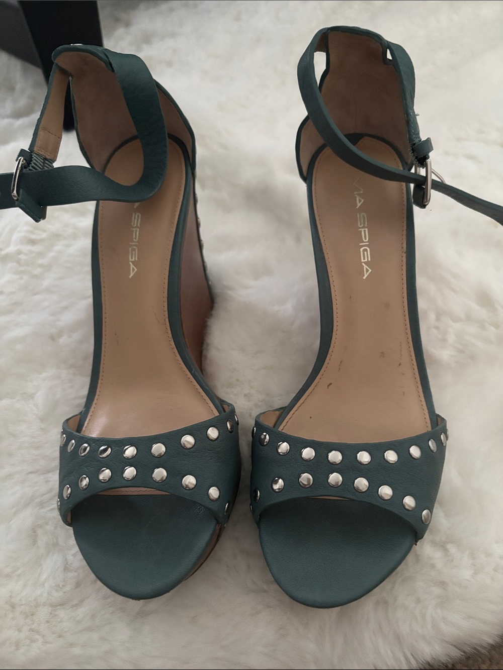 Via Spiga Teal Ankle-Strap Studded Sandals